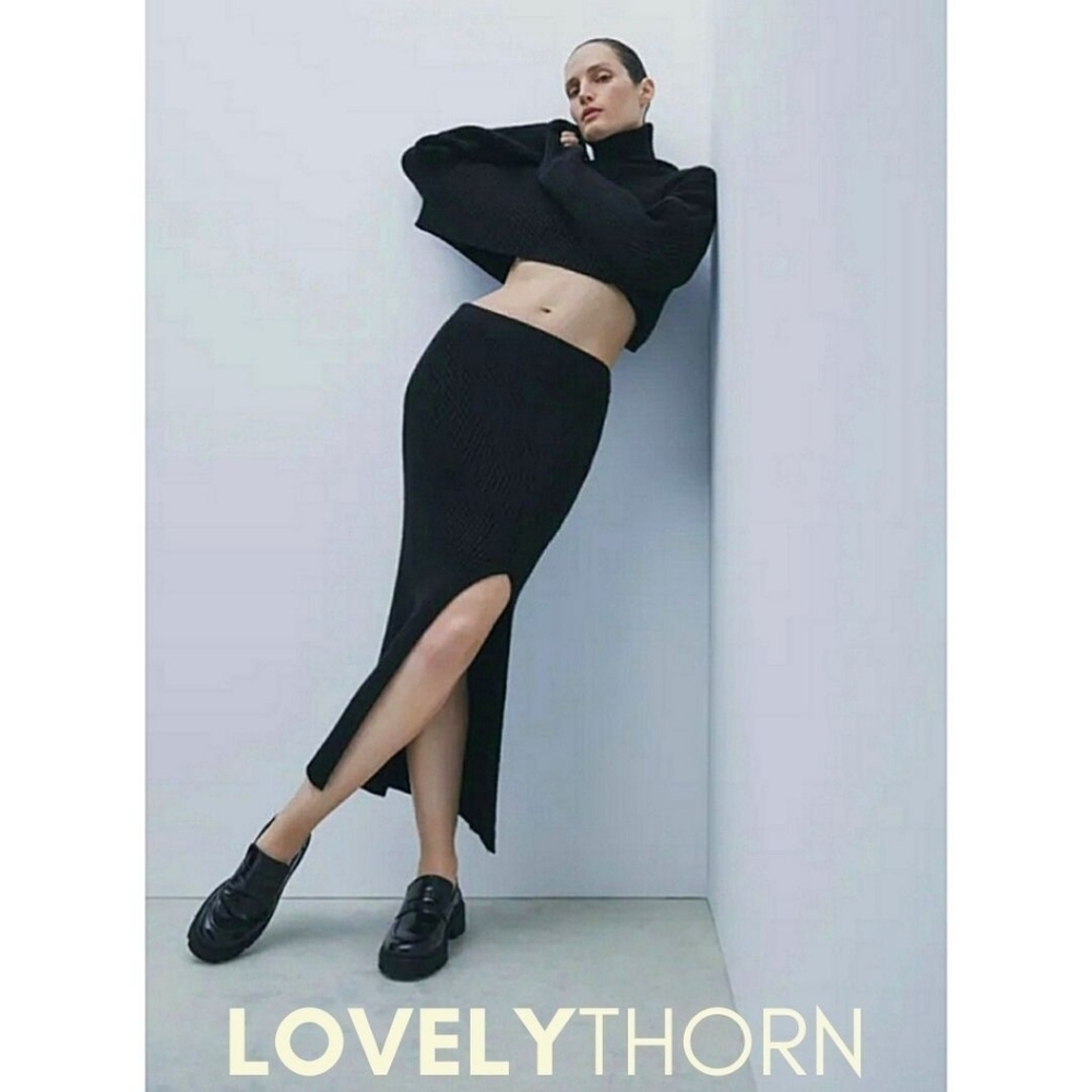 ZARA // ultra-chic high slit long faux wrap black super soft jersey skirt